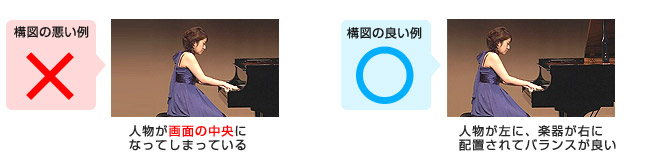 構図の良い例と悪い例　人物が中央に来ている例